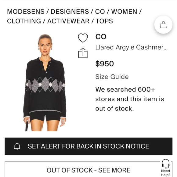 CO Cashmere Argyle Polo Sweater - S - Picture 5 of 6